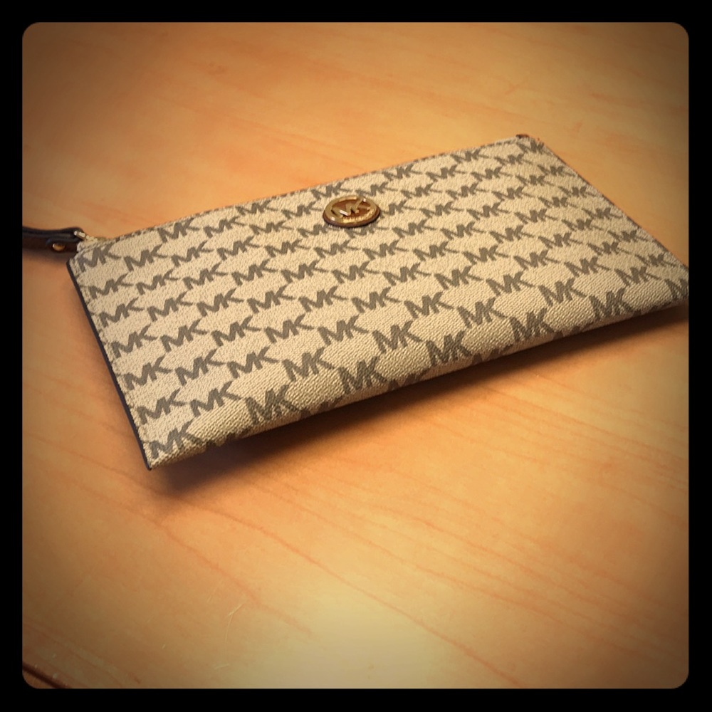 Michael Kors clutch, tan and Grey, new